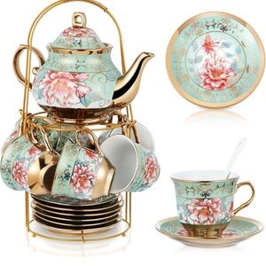 Zheaho 20 Pcs Porcelain Set European Flower Fresh Style Gold Jade